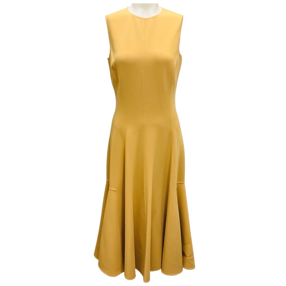 MICHAEL KORS COLLECTION WHEAT SLEEVELESS FLARED WOOL MIDI DRESS